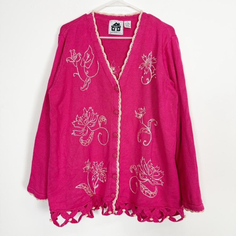 Storybook Knits Sweater Womens 1X Pink Henna Floral Cardigan Embroidered